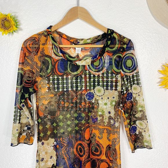 Mirror Image Colorful 3/4 Sleeved Boho Hippy Semi-sheer Dress Sz Small Women’s - Picture 5 of 11